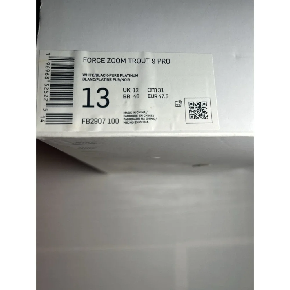 Nike Force Zoom Trout 9 White Black Baseball Men - Sz 13 - FB2907 100-New/No Lid
